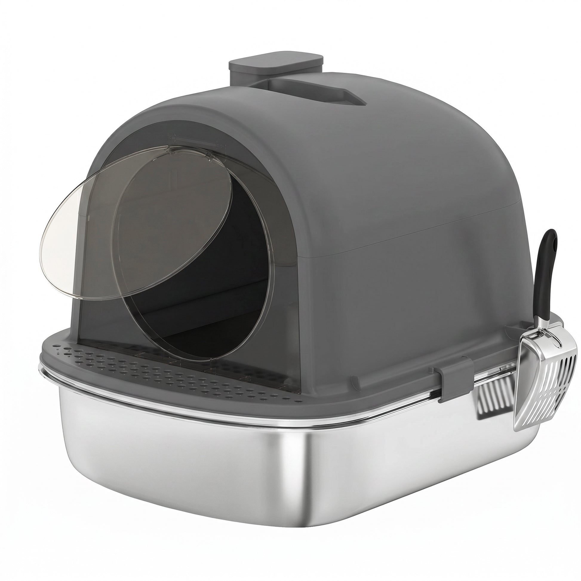 Pawhut Arenero Para Gatos Cubierto De Acero Inoxidable Con Pala Gris Oscuro_0