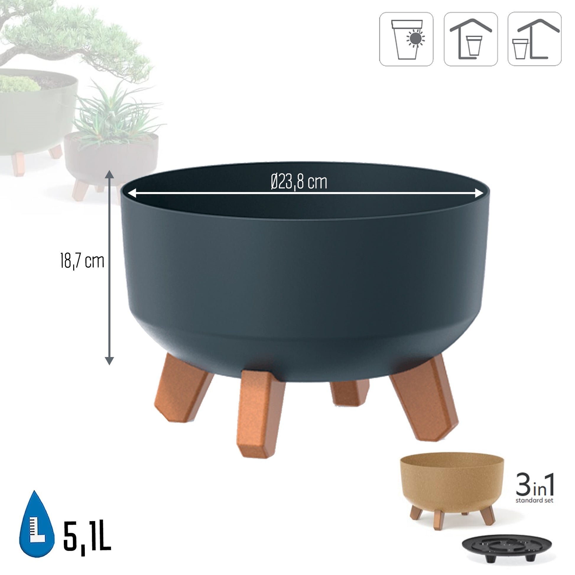 Macetero Color Antracita,sin Depósito , Colección Gracia De 23,8cm X 23,8cm X 18,7cm Cm, Capacidad De 5,1 L._2