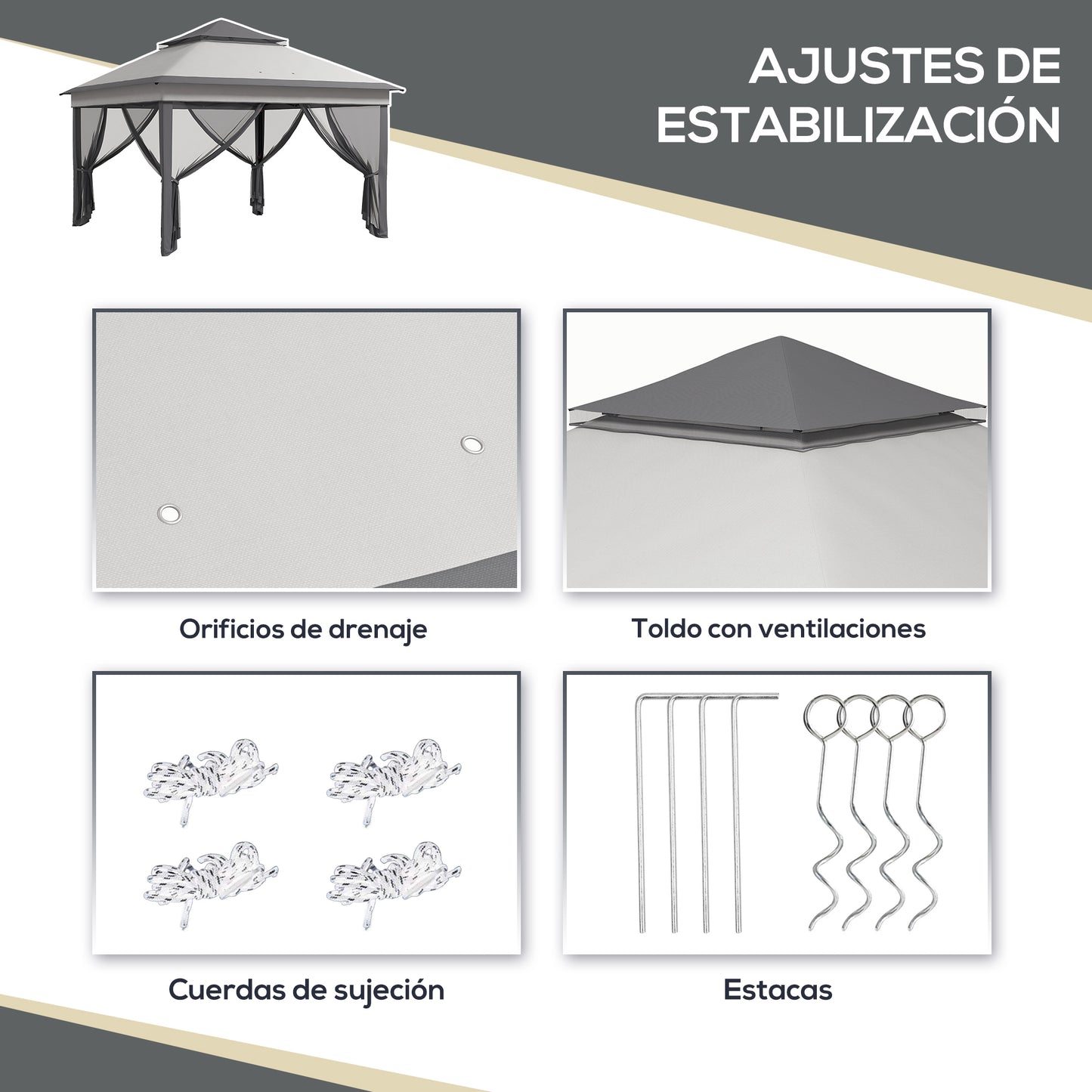 Outsunny Carpa Plegable 3,26x3,26x2,72 M Con Doble Techo Altura Ajustable Gris_5