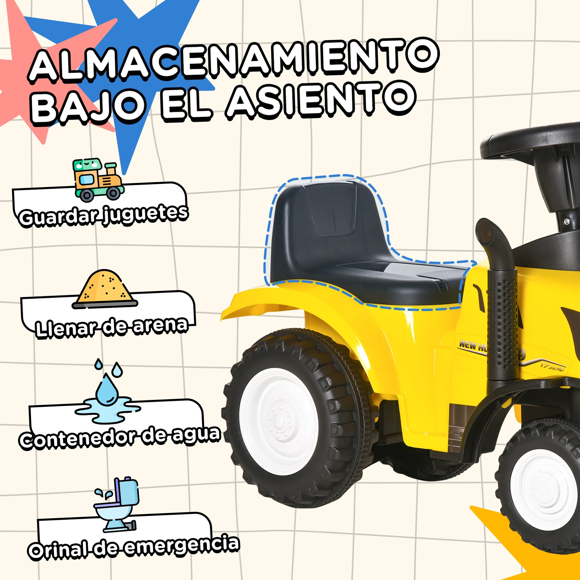 Homcom Tractor Con Remolque Para Niños 12-36 Meses Con Faros Pala Y Rastrillo_4