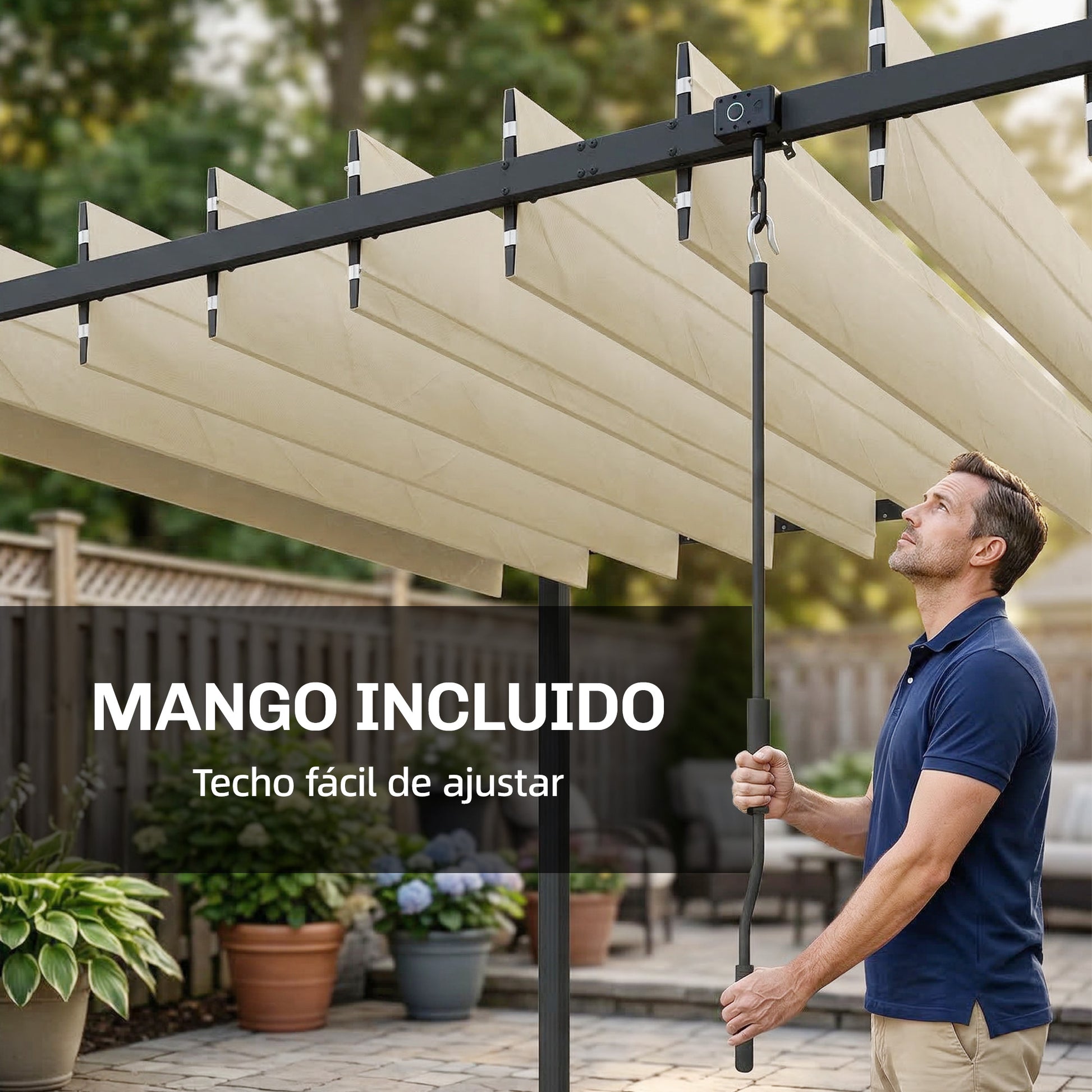 Outsunny Pérgola De Jardín 3x3,8 M Con Techo De Lamas Ajustable Upf50+ Beige_5