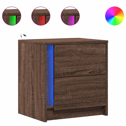 Mesitas De Noche Luces Led 2 Uds Madera Ingeniería Roble Marrón_0