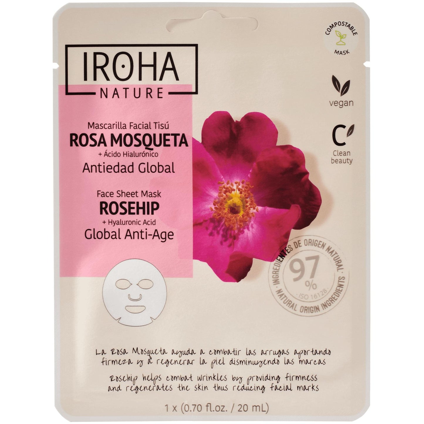 Mascarilla Facial Tisú Antiedad Global Rosa Mosqueta Iroha Nature 20 ml