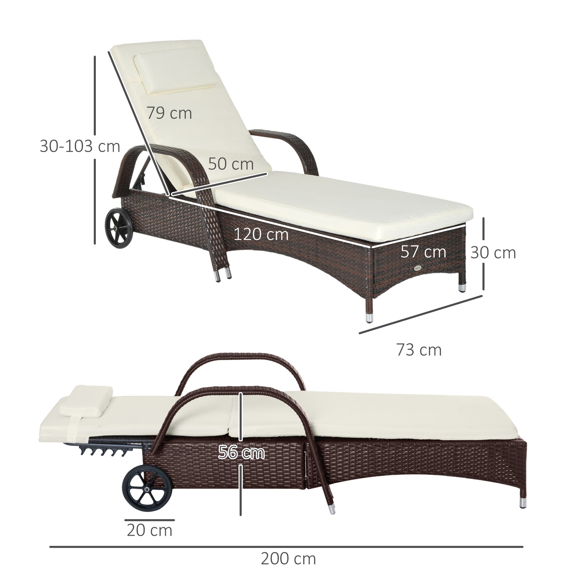 Outsunny Tumbona De Ratán Jardín Con Respaldo Ajustable Cojines 2 Ruedas Marrón_2
