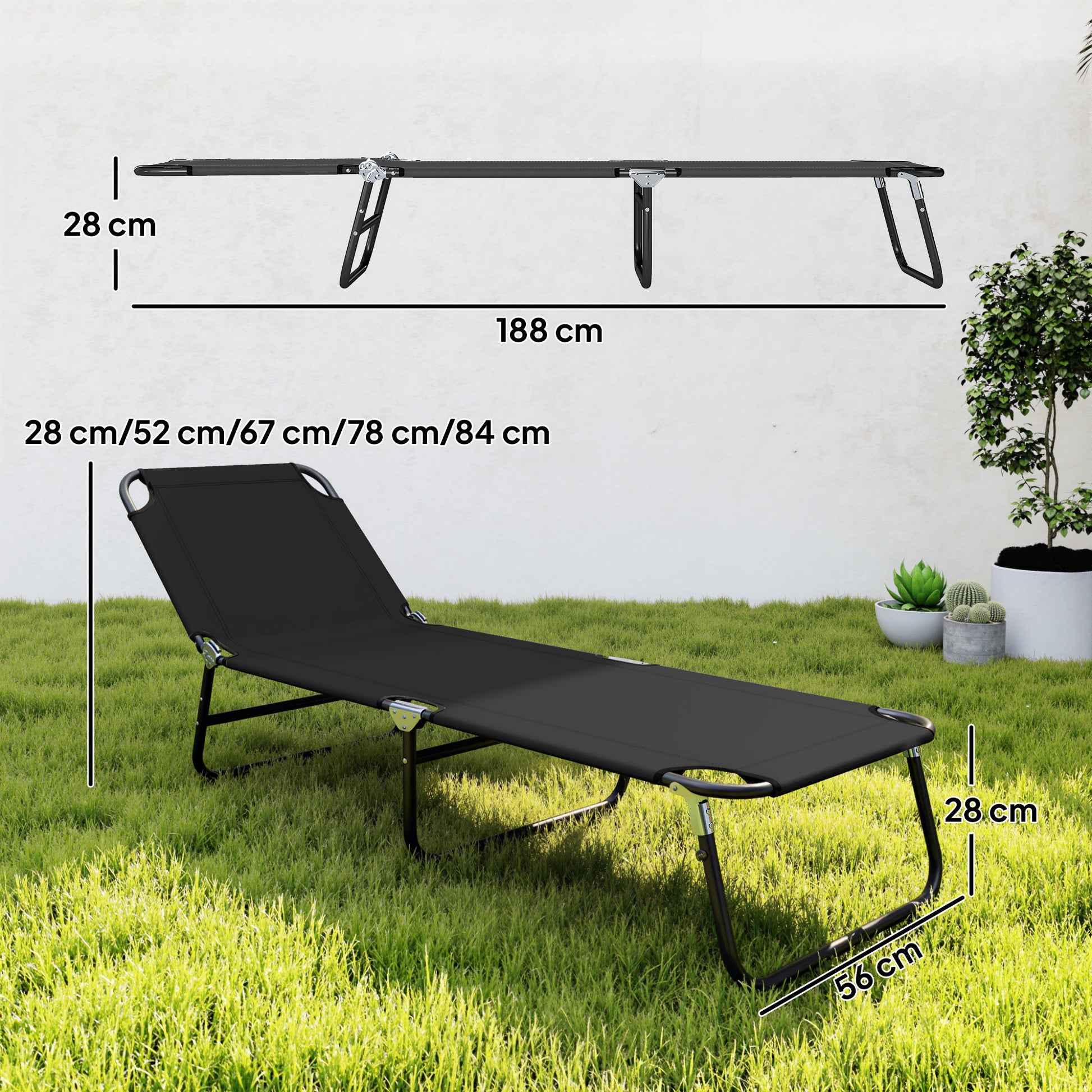 Outsunny Tumbona Plegable Reclinable Ajustable De 5 Posiciones 188x56x28cm Negro_2