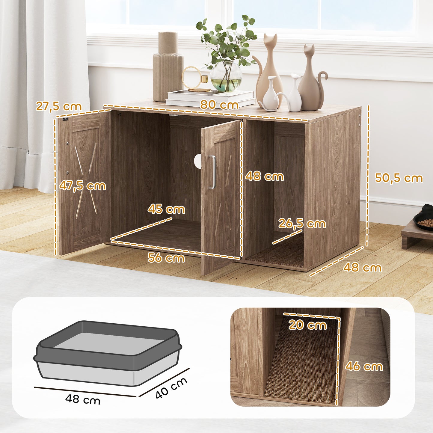 Pawhut Mueble Arenero Para Gatos 3 En 1 Con Puertas Estera Para Rascar Marrón_2