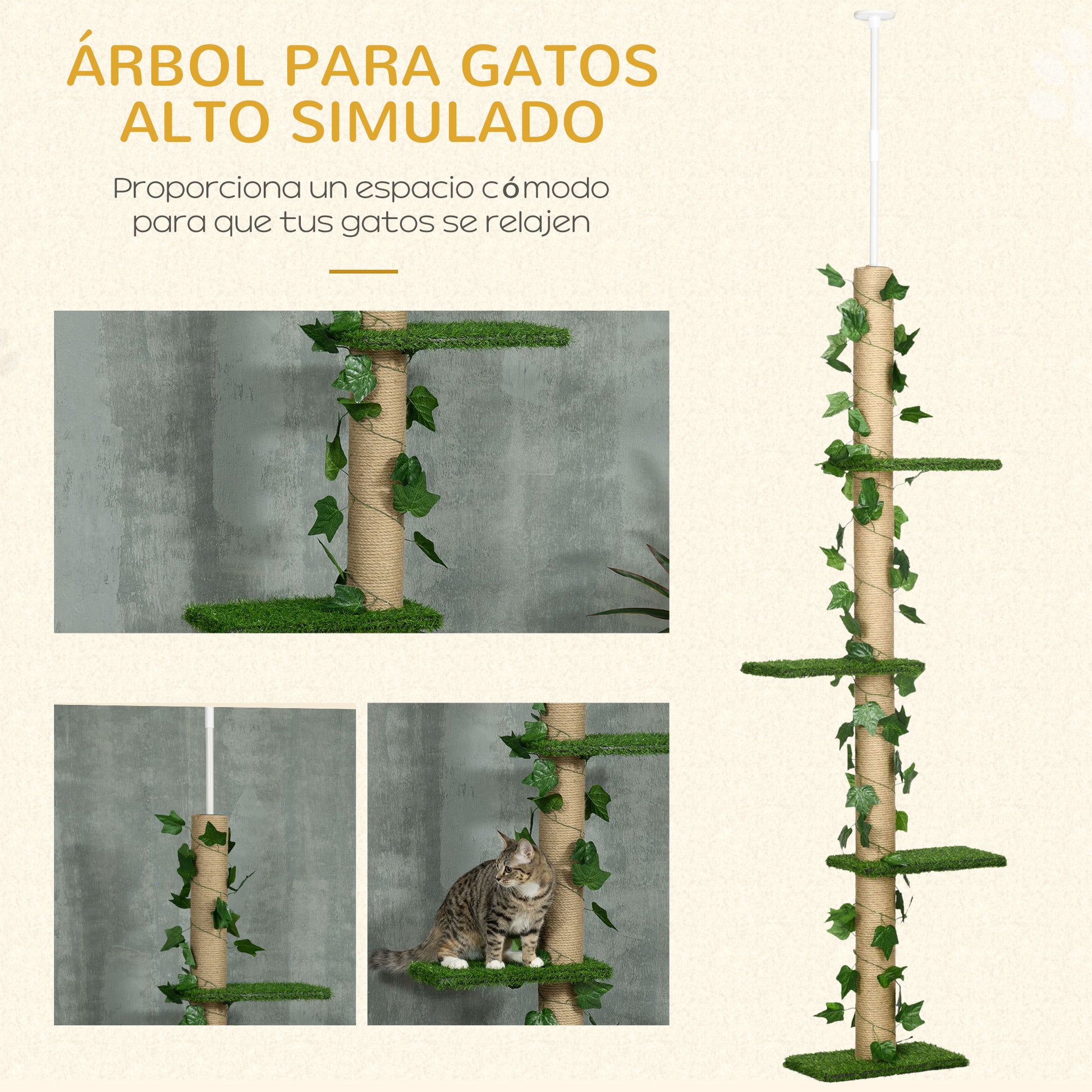 Pawhut Árbol Para Gatos Del Suelo Al Techo 37x21x202-242 Cm Con Altura Ajustable_3