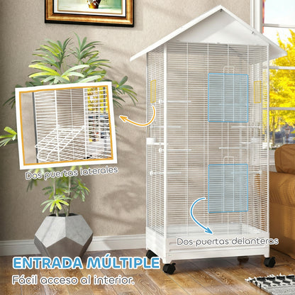 Pawhut Jaula Para Pájaros Con Ruedas 79x65x155 Cm 2 Comederos 8 Perchas Blanco_5