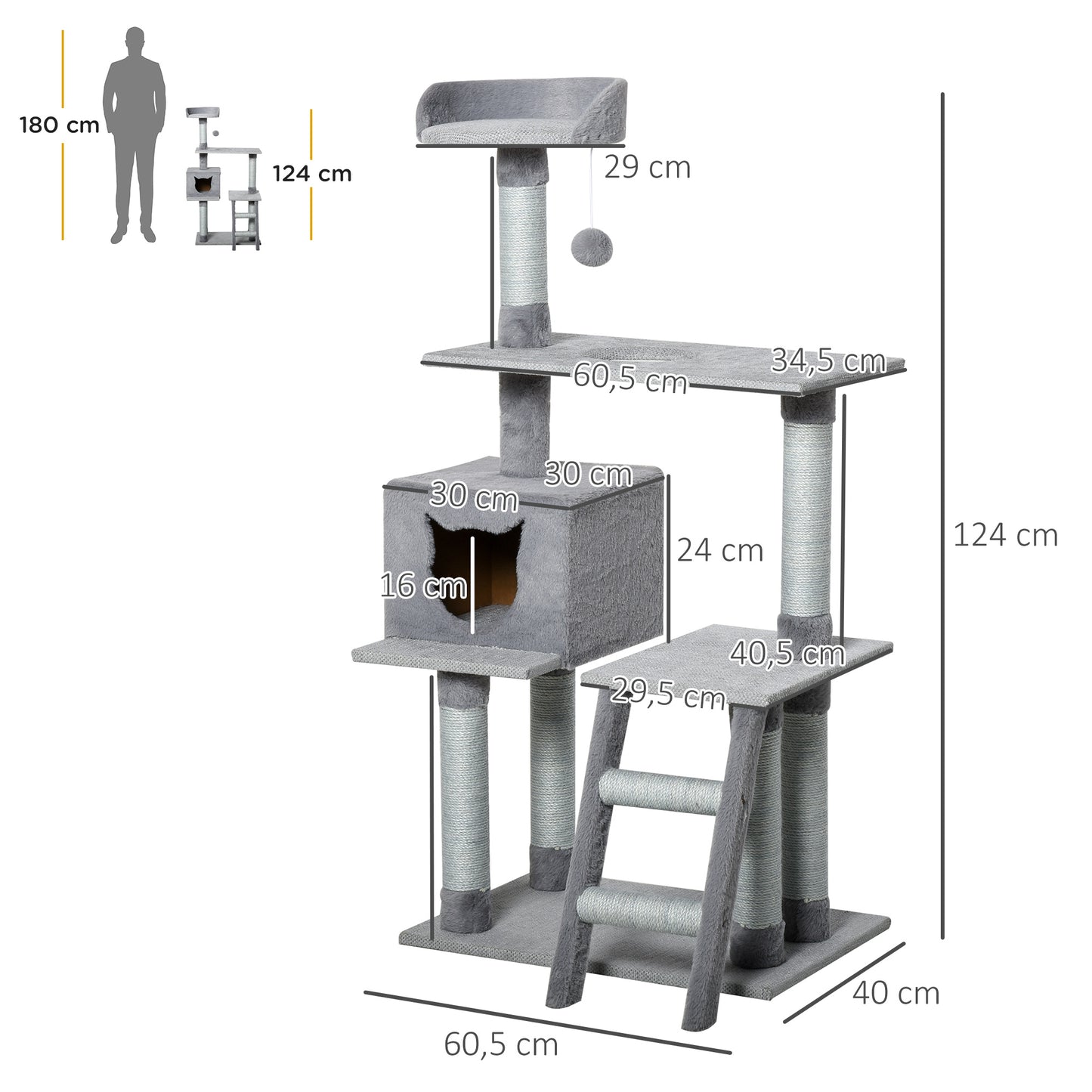 Pawhut Árbol Rascador Para Gatos Altura 124 Cm Con Plataformas Escalera Cueva Y_2