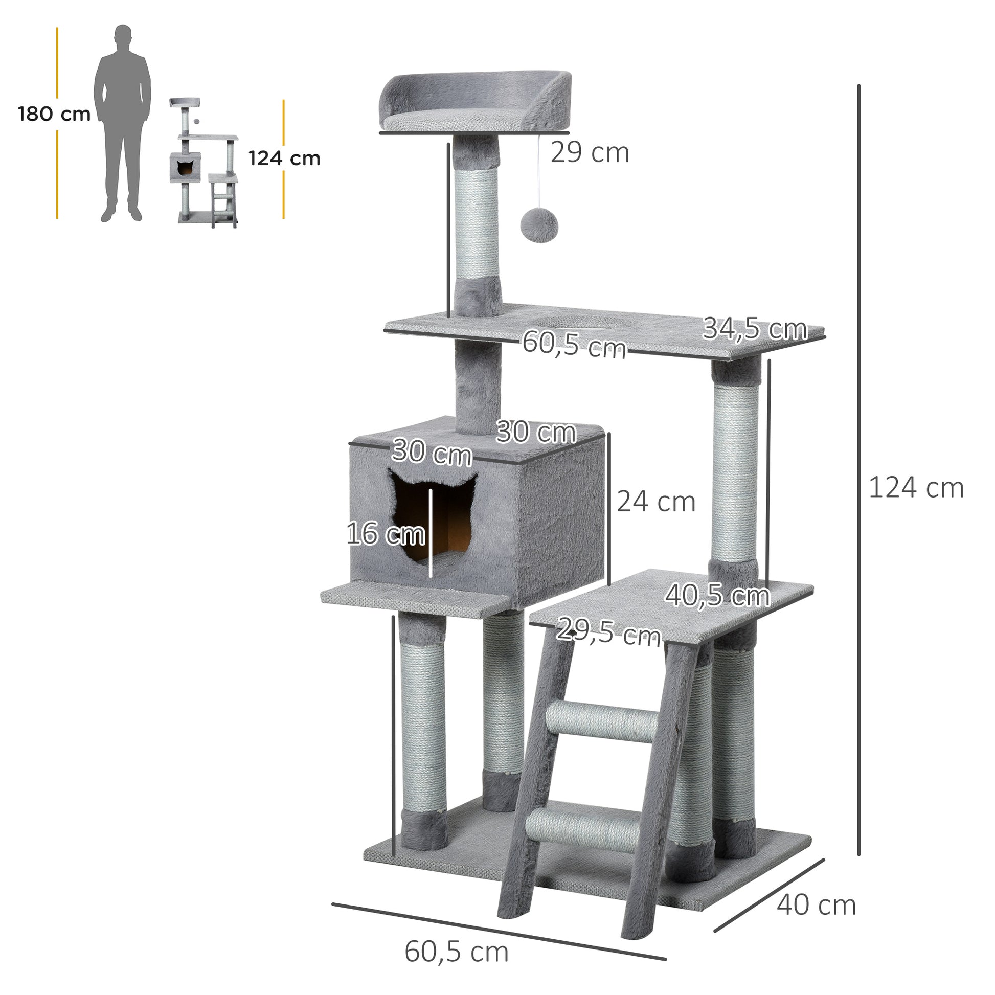 Pawhut Árbol Rascador Para Gatos Altura 124 Cm Con Plataformas Escalera Cueva Y_2