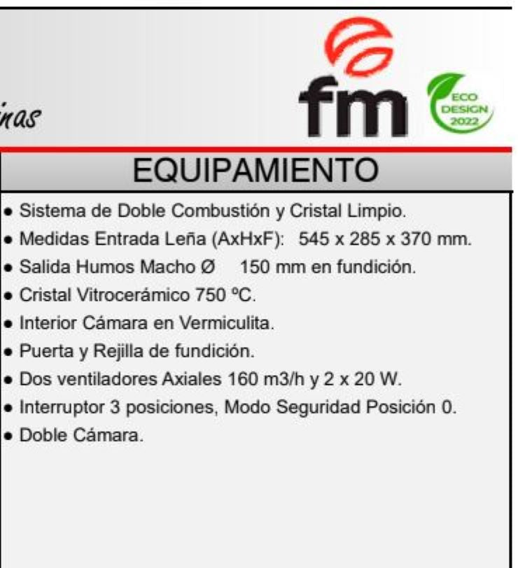 BRICOSOL Estufa de leña para colgar FM Modelo M-170 K Con Turbina, Interior Vermiculita Cristal Serigrafiado_2