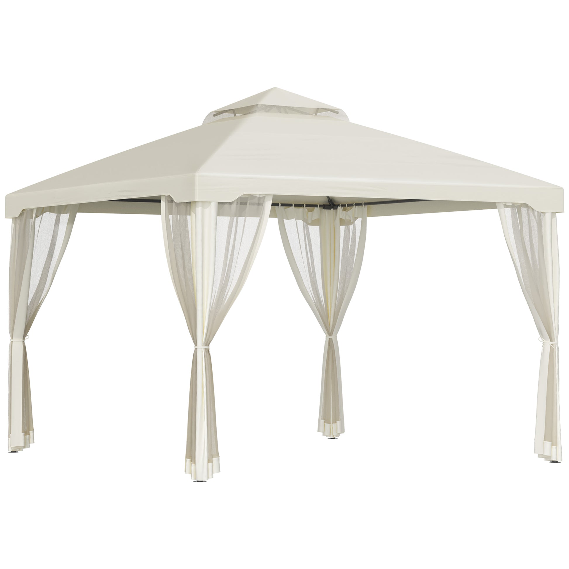 Outsunny Cenador De Jardín 3x3m Con Doble Techo 4 Cortinas Mosquiteras Crema_0