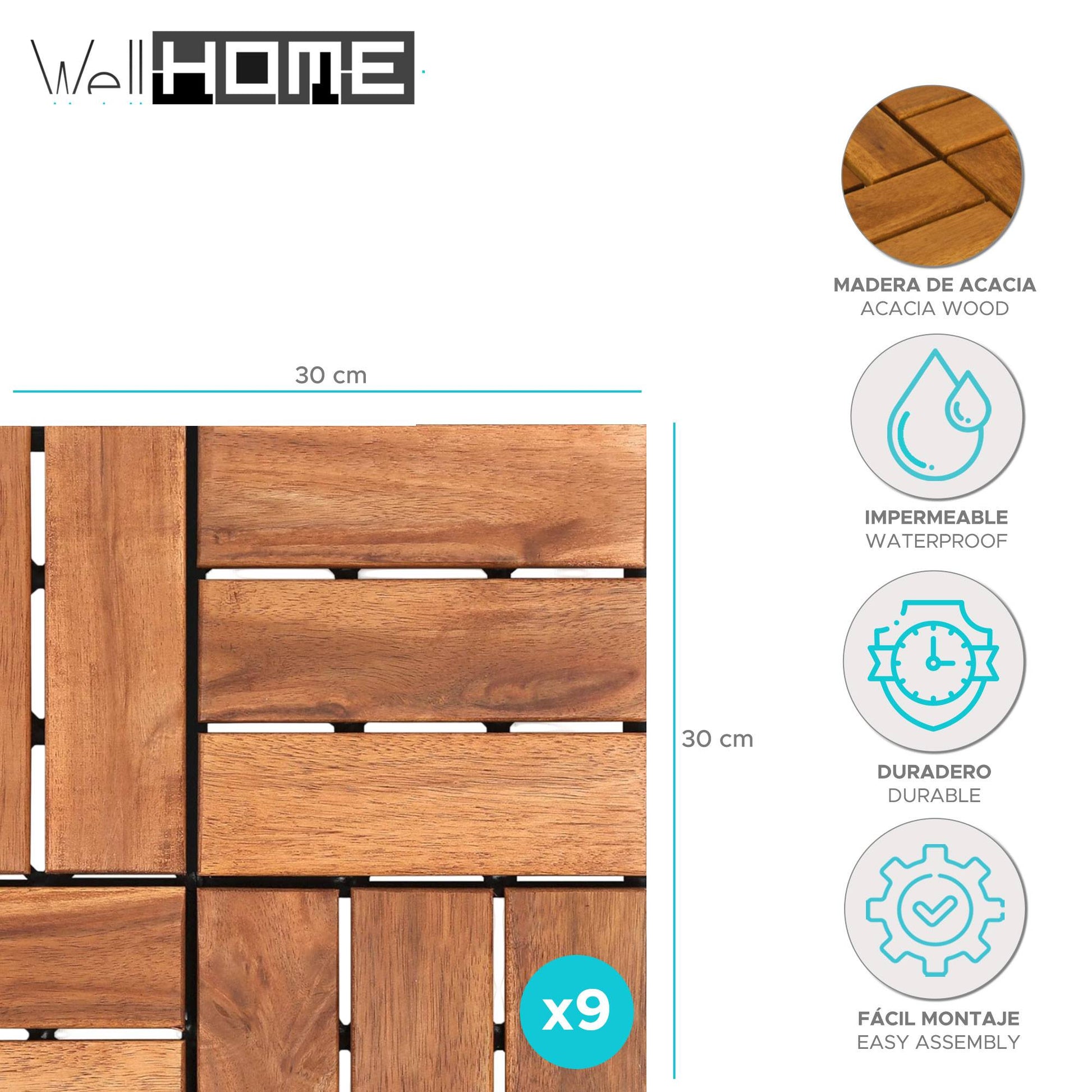 Well Home 9 Baldosas De 30x30x0,1cm En Madera De Acacia De Aspecto De Teca