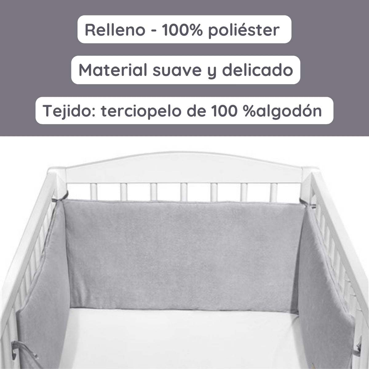Chichonera Para Cuna 180x30 Velour Algodón Gris
