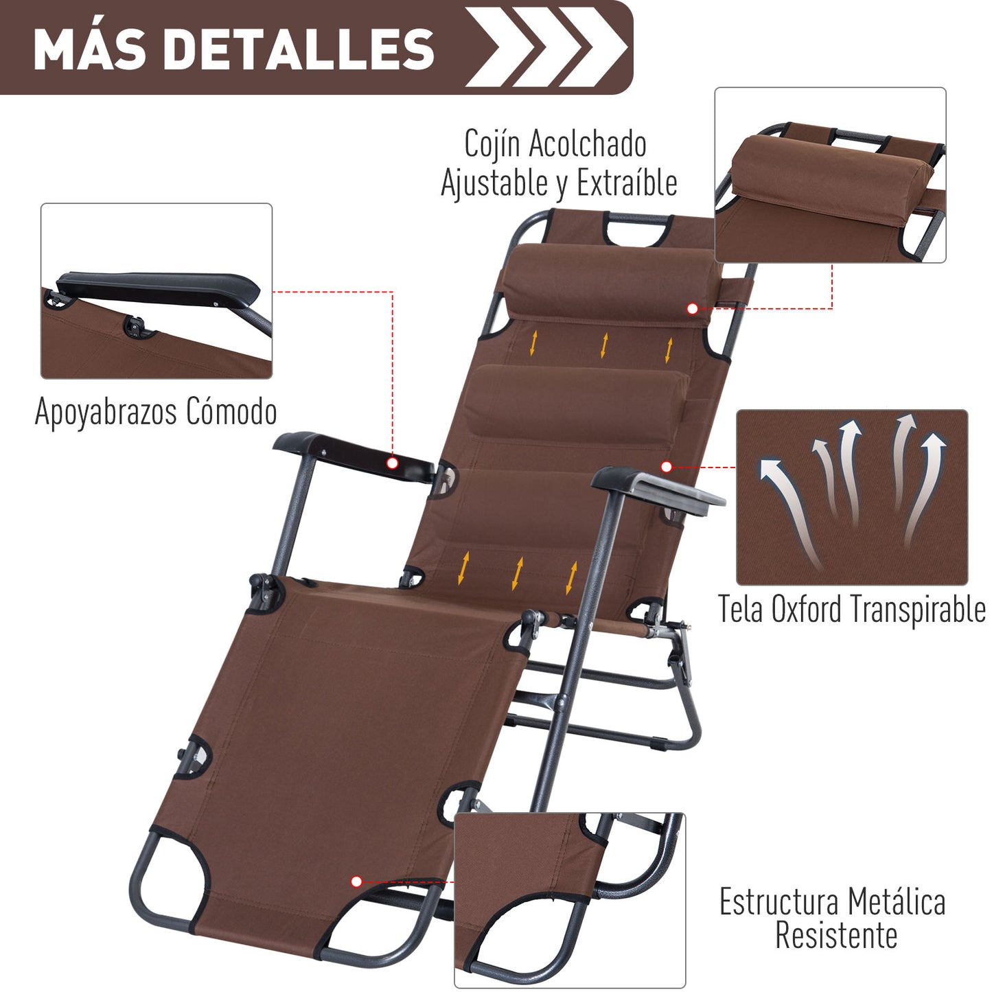 Outsunny Tumbona Reclinable Y Plegable Con Respaldo Ajustable 135x60x89cm Marrón_5