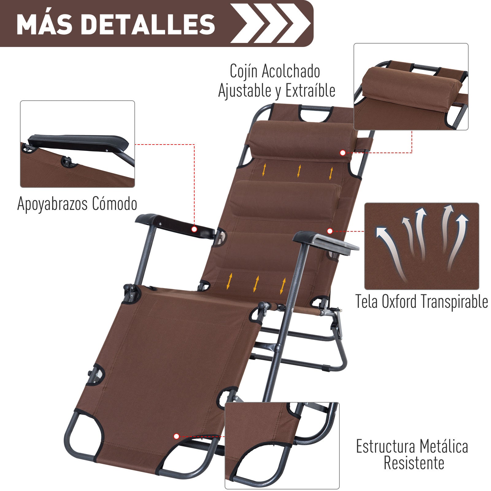 Outsunny Tumbona Reclinable Y Plegable Con Respaldo Ajustable 135x60x89cm Marrón_5