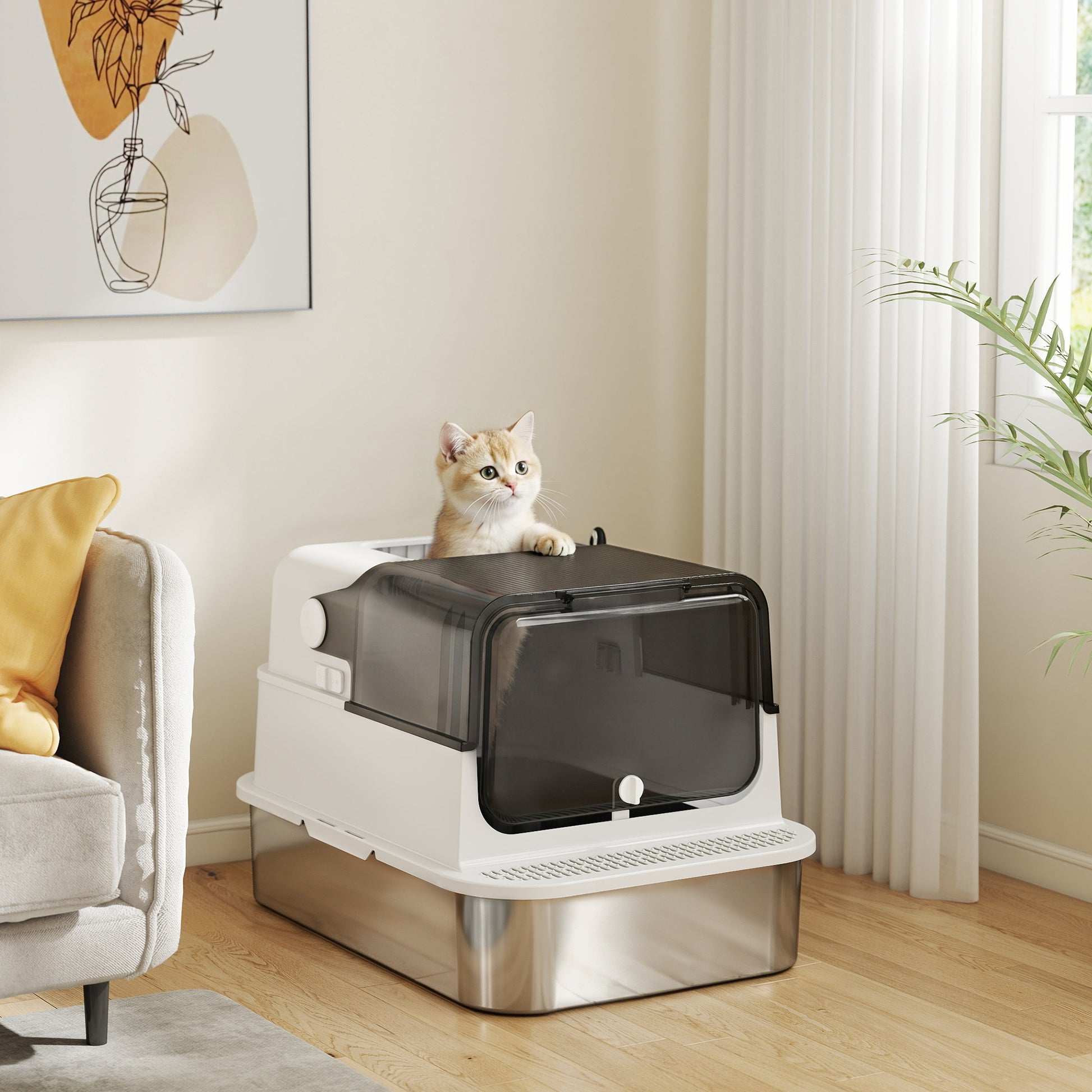 Pawhut Arenero Para Gatos De Acero Inoxidable Xxl Tapa Abatible Blanco_3