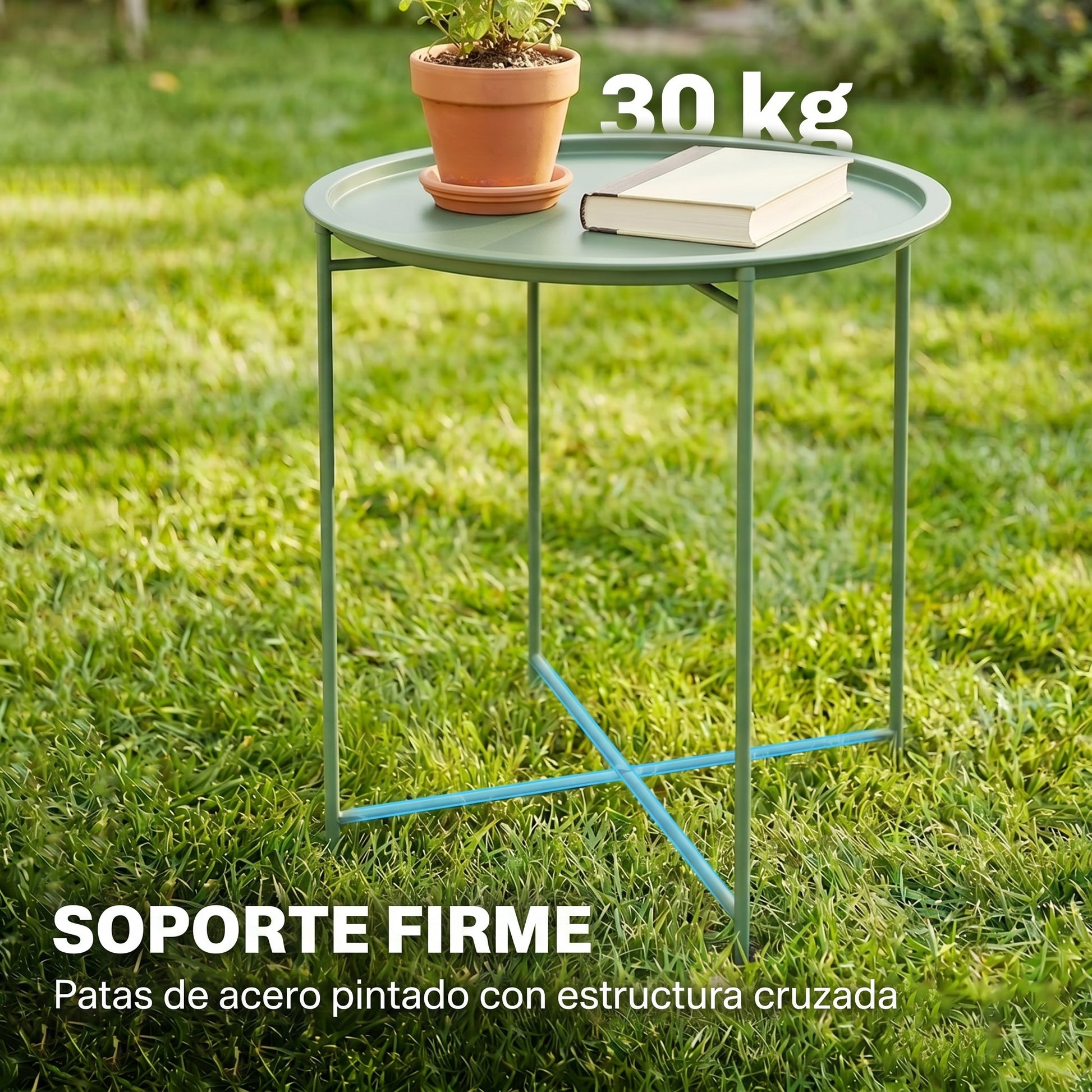 Outsunny Mesa Auxiliar Exterior Redonda Con Bandeja Extraíble Ø46x53 Cm Verde_4