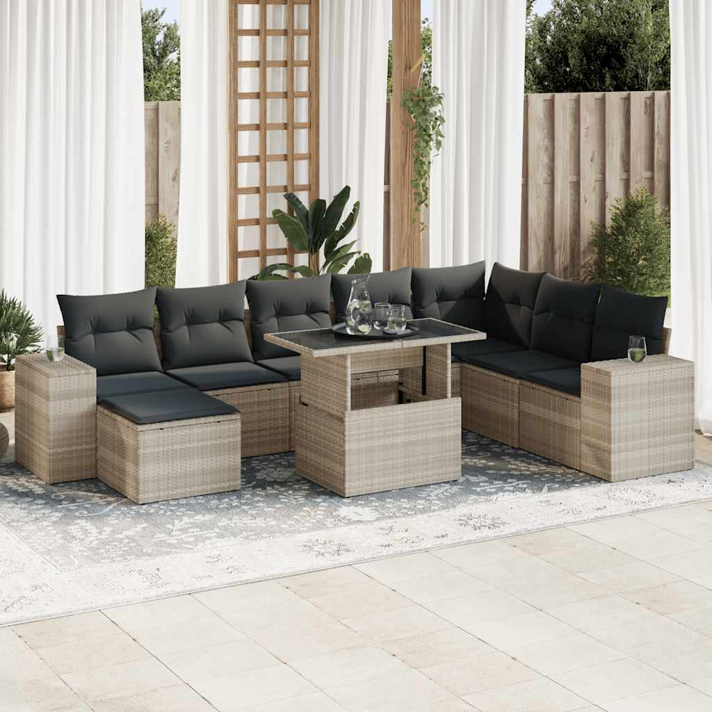 Set Muebles Jardín 9 Pzas Y Cojines Ratán Sintético Gris Claro / Vetonek_1
