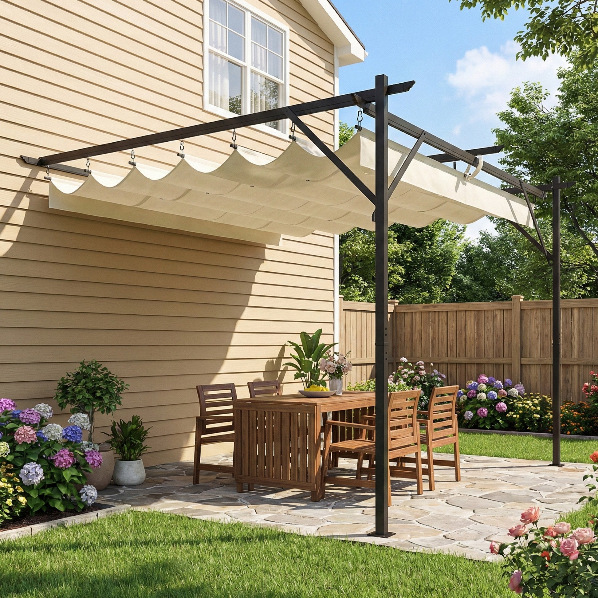 Outsunny Pérgola De Pared 3x3 M Con Techo Retráctil Upf30+ Blanco Crema_1