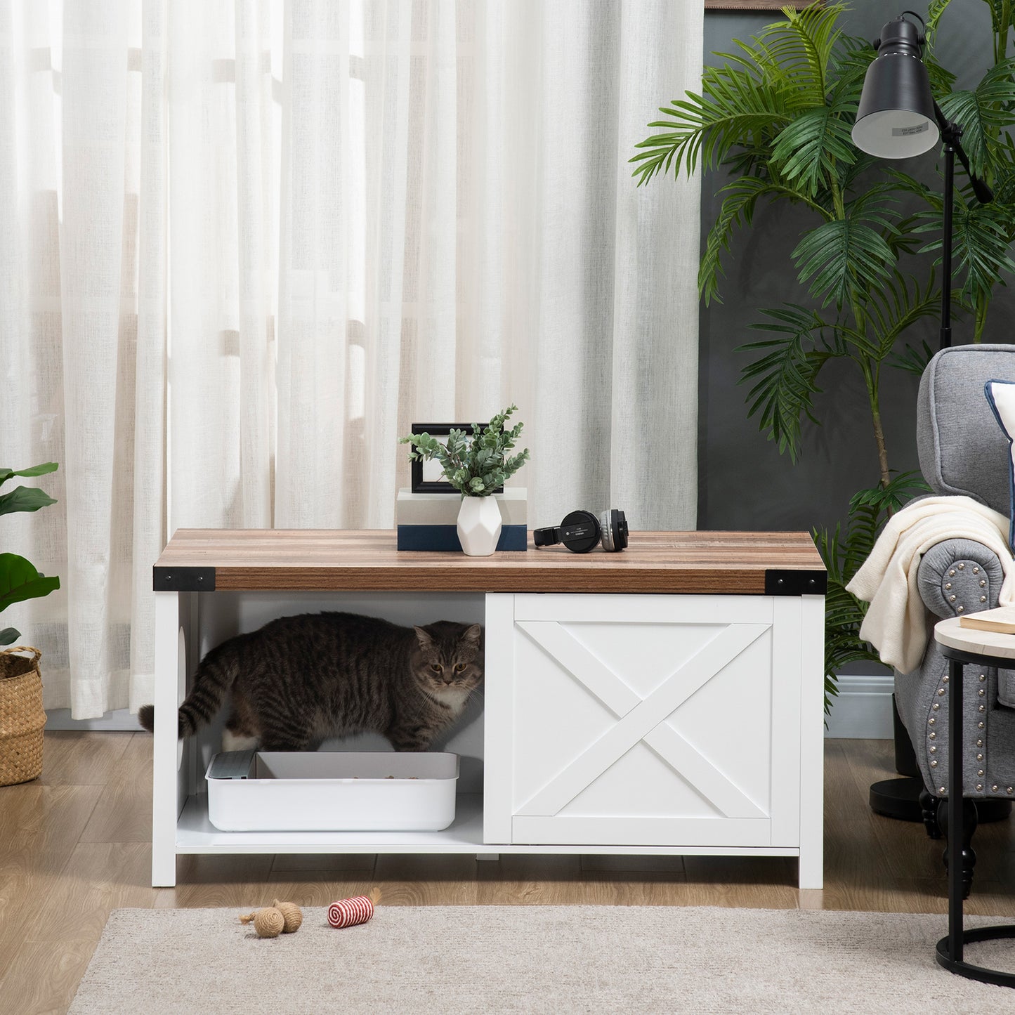 Pawhut Arenero Para Gatos Madera Con Armario De Almacenaje Puerta 109x51x52 Cm_1