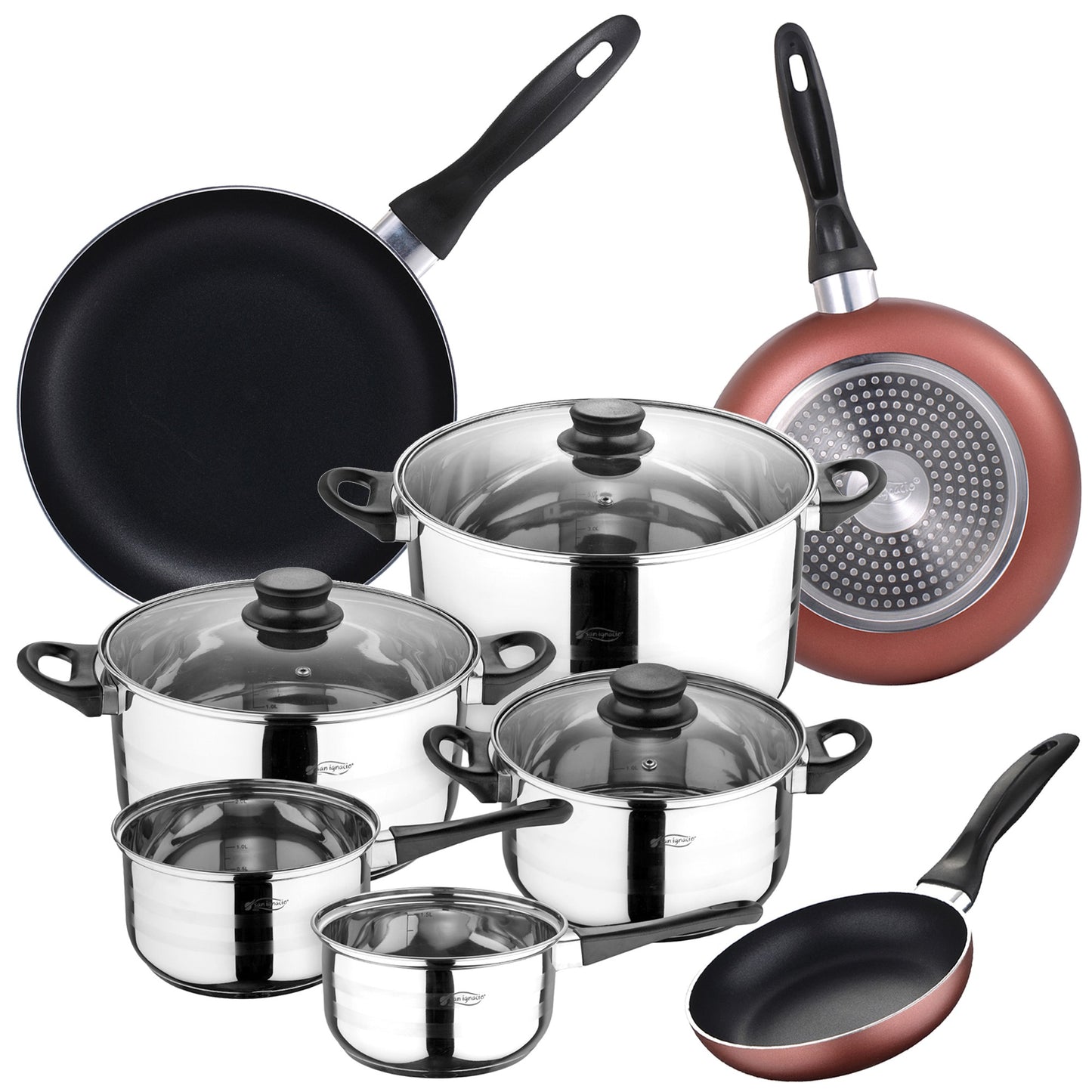 San Ignacio Set Batería De Cocina De 8 Piezas Acero Inoxidable + 3 Sartenes Ø16/20/24 Cm Aluminio Prensado, Aptas Para Inducción_0