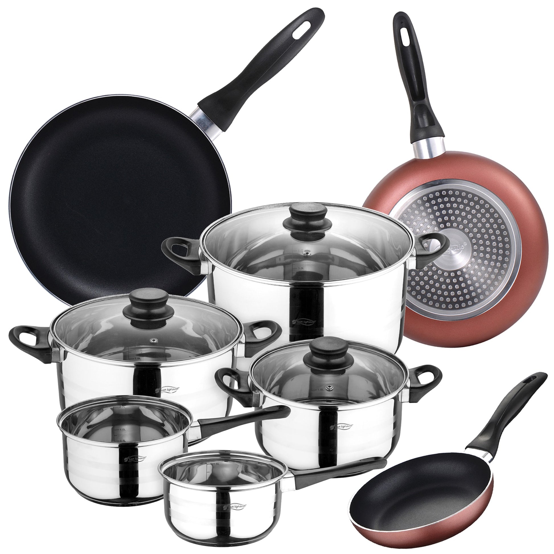 San Ignacio Set Batería De Cocina De 8 Piezas Acero Inoxidable + 3 Sartenes Ø16/20/24 Cm Aluminio Prensado, Aptas Para Inducción_0