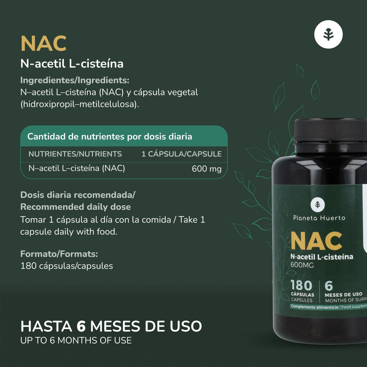 NAC 600mg Planeta Huerto 180 cápsulas