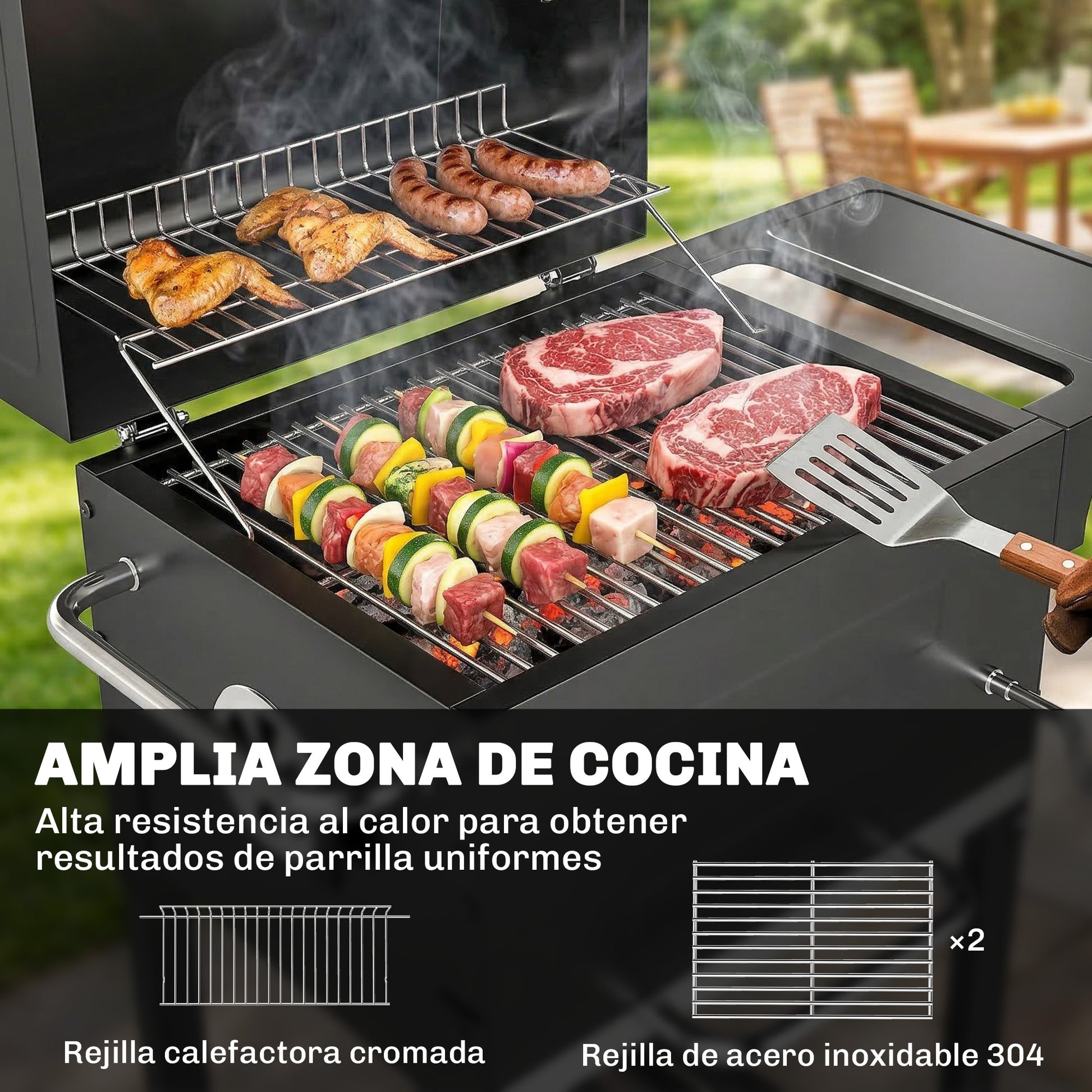 Outsunny Barbacoa De Carbón Con Termómetro Parrilla De Acero Estante Y Ruedas_5