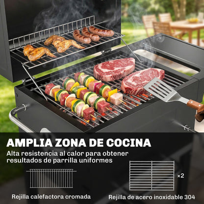 Outsunny Barbacoa De Carbón Con Termómetro Parrilla De Acero Estante Y Ruedas_5