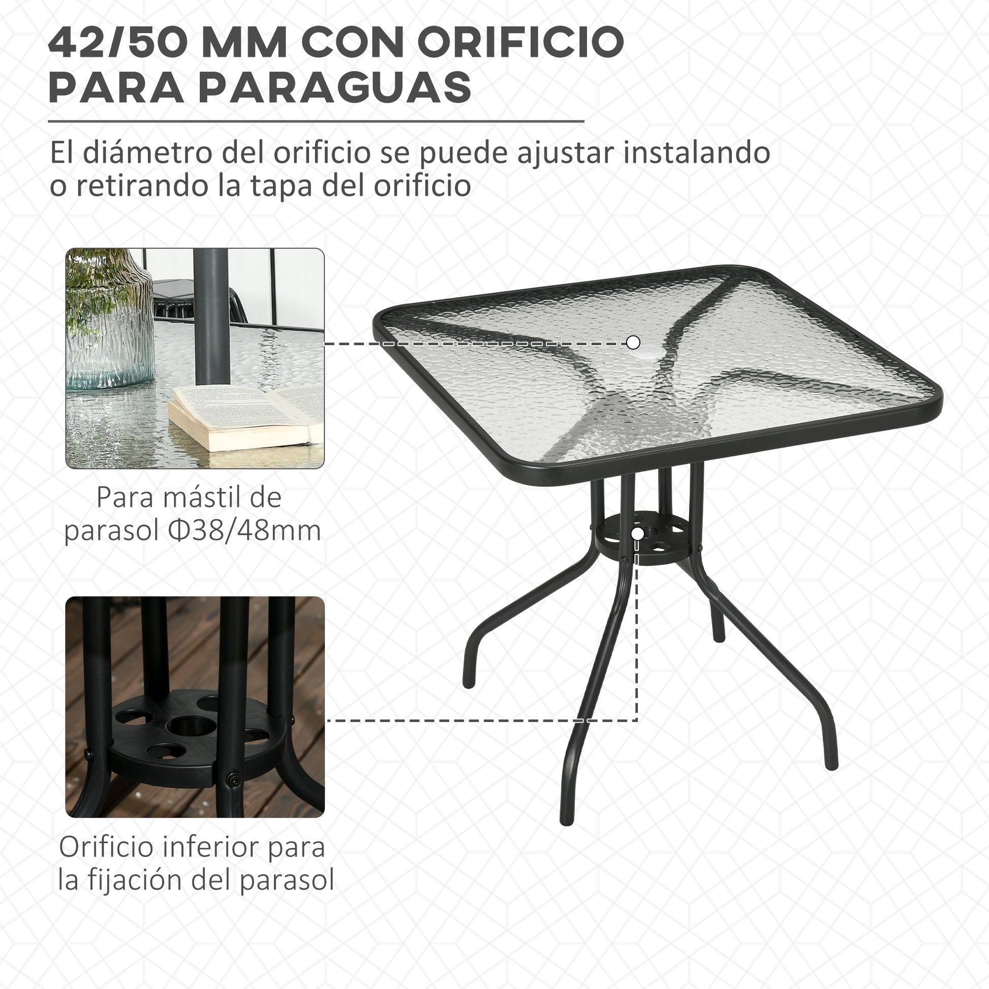 Outsunny Mesa De Jardín Cuadrada Con Agujero Para Sombrilla 76x76x72 Cm Negro_3