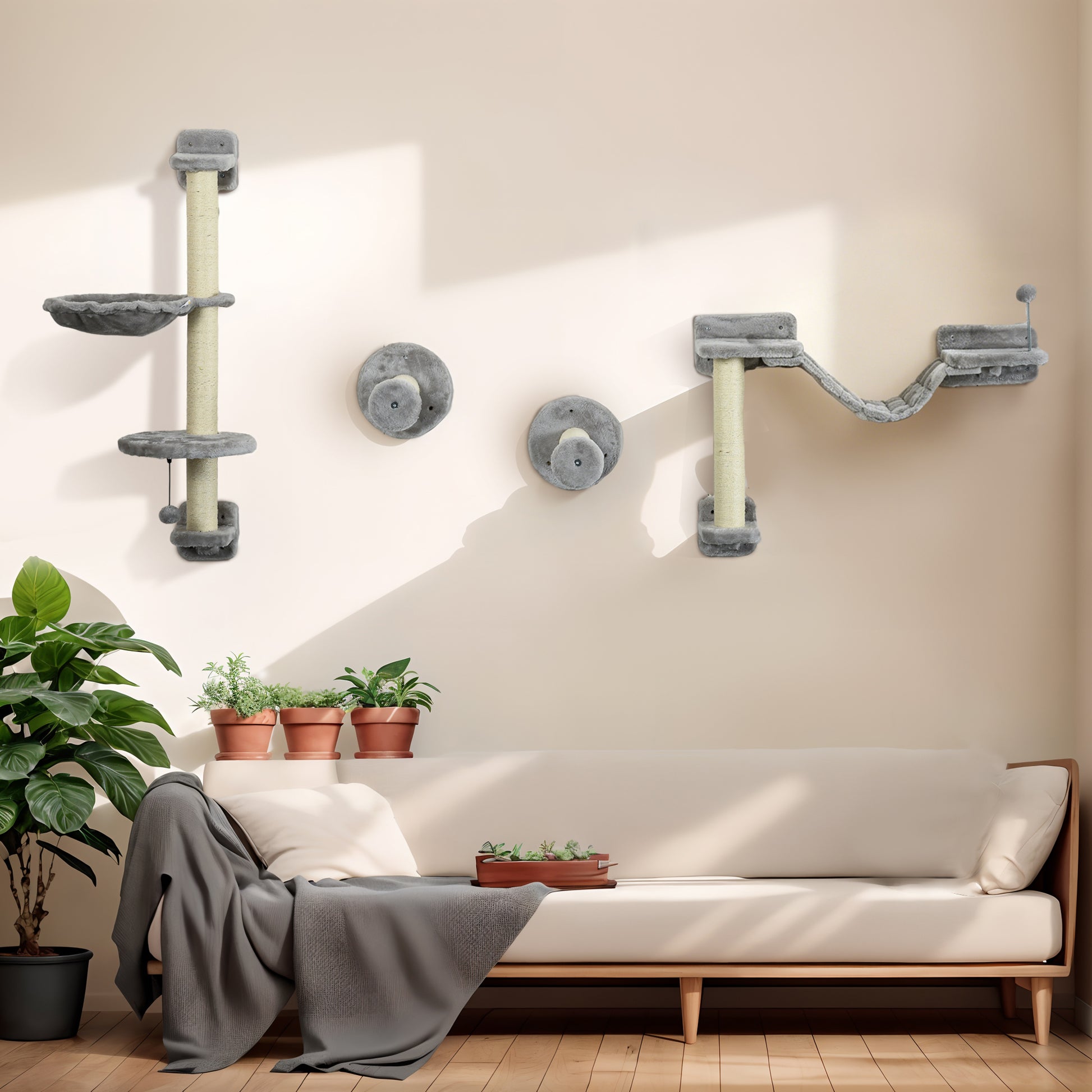 Pawhut Estante De Escalada Para Gatos De Pared Con Hamaca Bola Gris Y Beige_1
