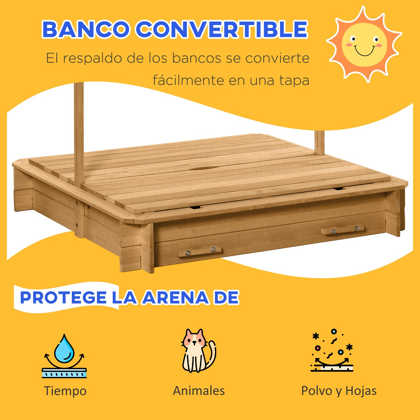 Outsunny Arenero Para Niños De Madera Con Toldo Ajustable 106x106x115 Cm Natural_4