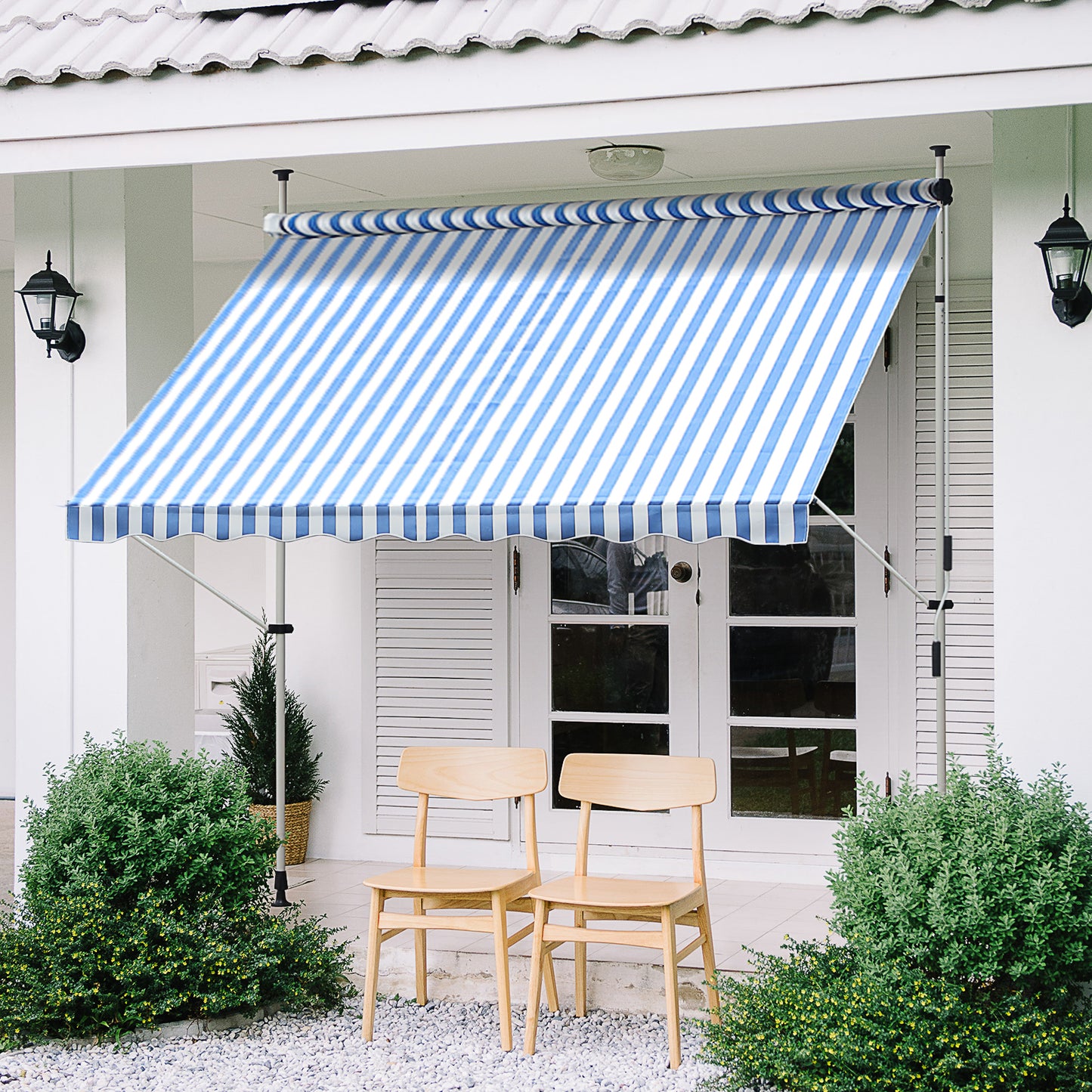 Outsunny Toldo En La Pared Regulable En Altura 197x250x200/300cm Azul Y Blanco_1