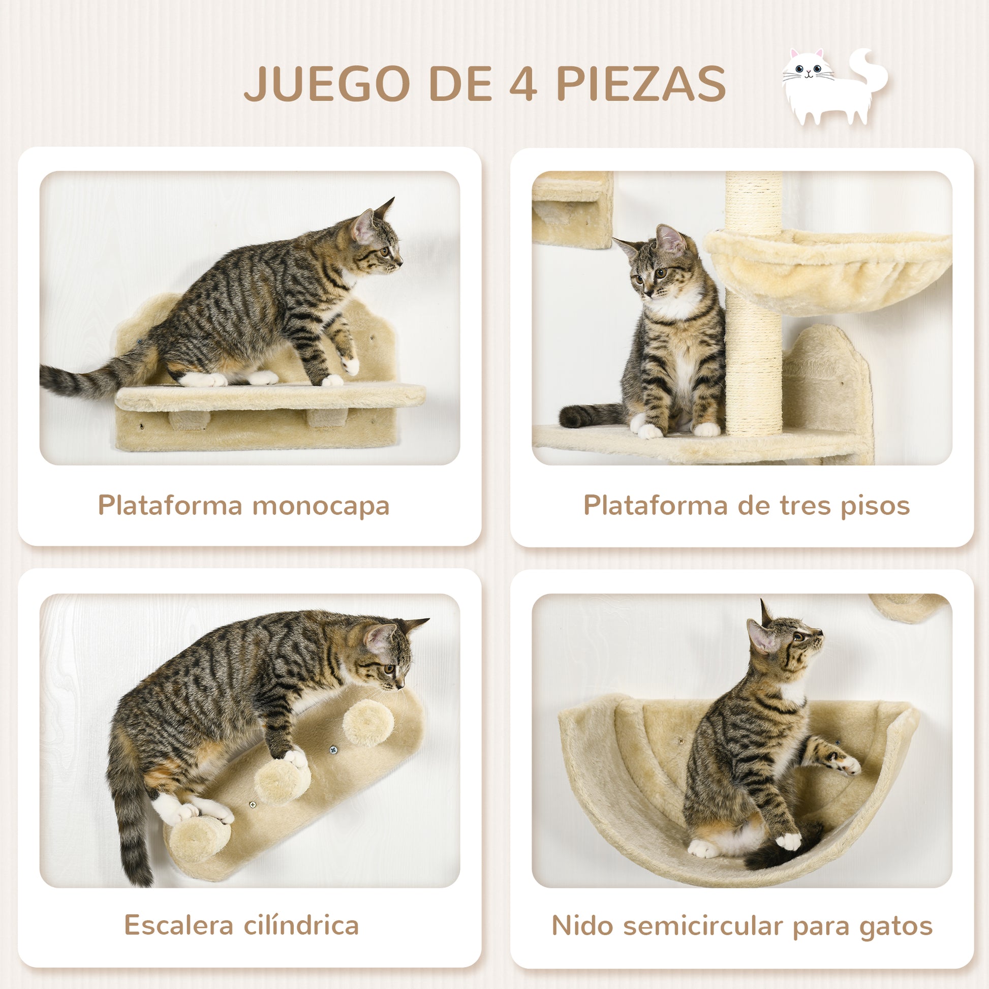 Pawhut Estante De Escalada Para Gatos De Pared Con Hamaca Nido Plataformas Beige_4