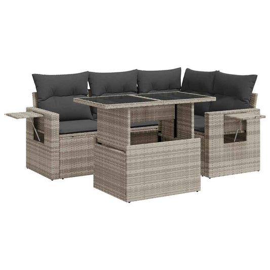 Set De Sofás Jardín Y Cojines 5 Pzas Ratán Sintético Gris Claro / Vetonek_0
