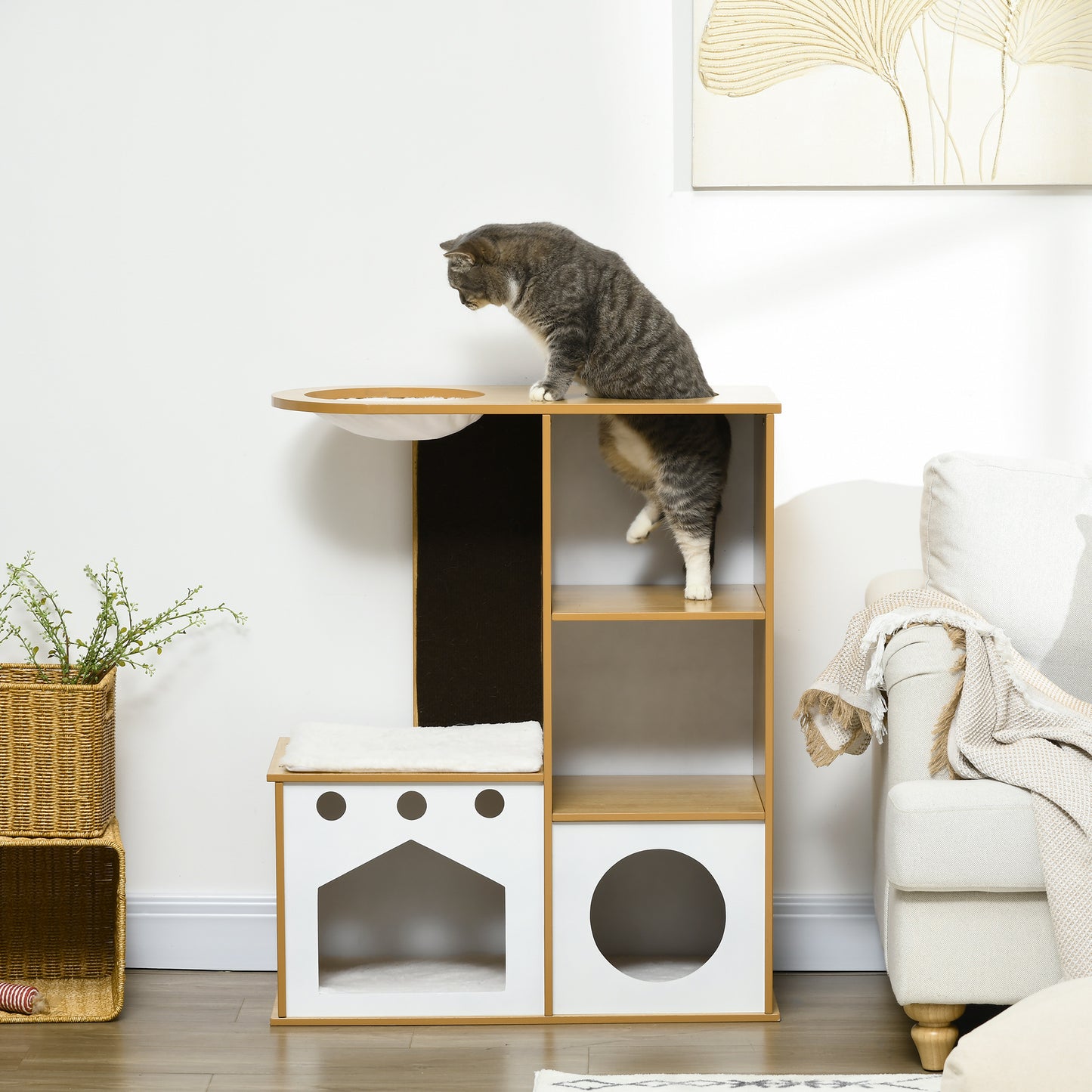 Pawhut Árbol Rascador Para Gatos De Madera 92,5 Cm Con 2 Cuevas Hamaca Y Cojines_4