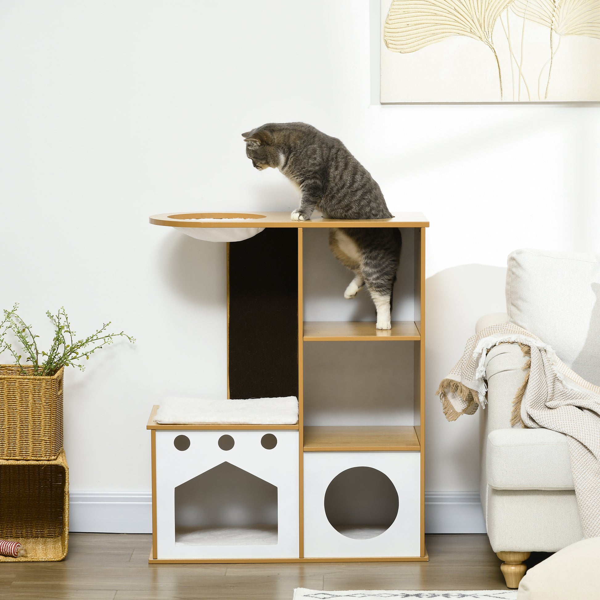 Pawhut Árbol Rascador Para Gatos De Madera 92,5 Cm Con 2 Cuevas Hamaca Y Cojines_4