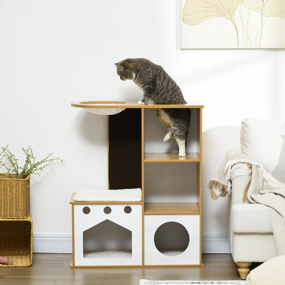 Pawhut Árbol Rascador Para Gatos De Madera 92,5 Cm Con 2 Cuevas Hamaca Y Cojines_4