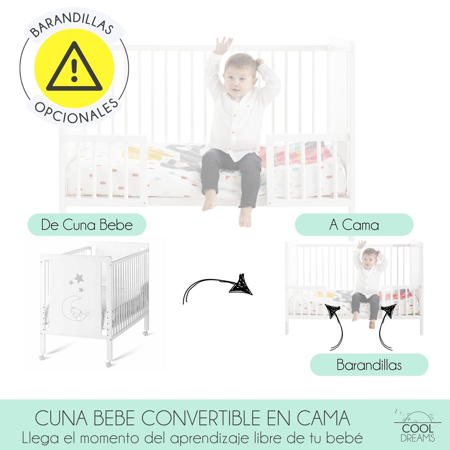 Cuna Colecho De Bebé Indi Estilo Nórdico Infantil 120x60 Cm, De Madera De Haya, Con Kit Colecho Incluido_2