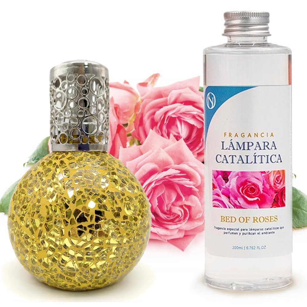 Lámpara Catalítica Mosaico Dorado + Aroma Bed Of Roses 500ml - Elimina Malos Olores, Impurezas Y Perfuma_0