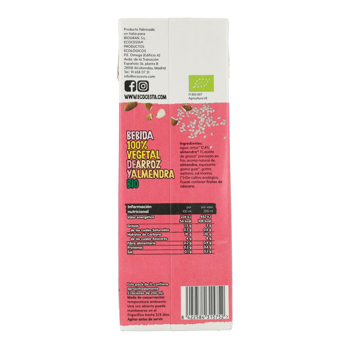 Bebida Vegetal De Arroz Y Almendras Bio, 1L Ecocesta