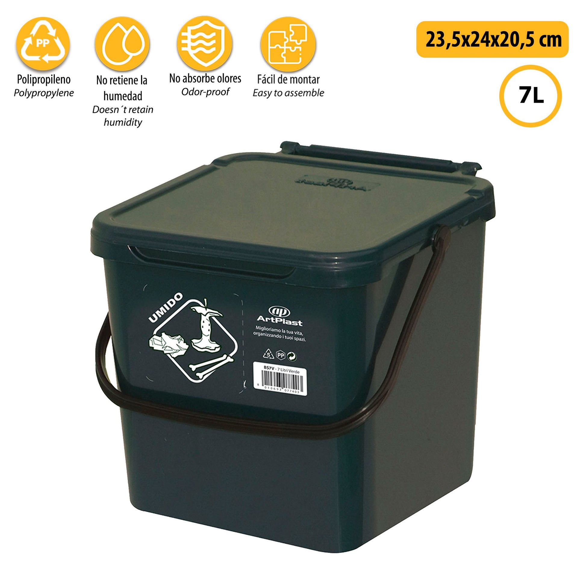 Cubo De Polipropileno Con La Manija Y La Cubierta, De Color Verde, 7 Lt. 225x240x205 Mm, Con La Identificación De Residuos Pegatina_2