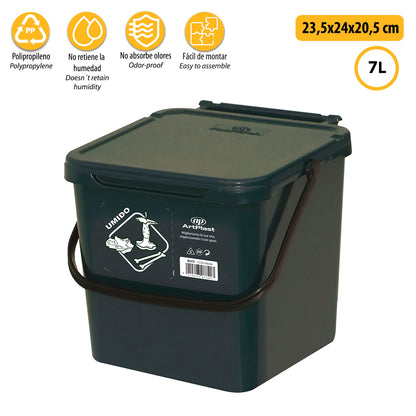 Cubo De Polipropileno Con La Manija Y La Cubierta, De Color Verde, 7 Lt. 225x240x205 Mm, Con La Identificación De Residuos Pegatina_2