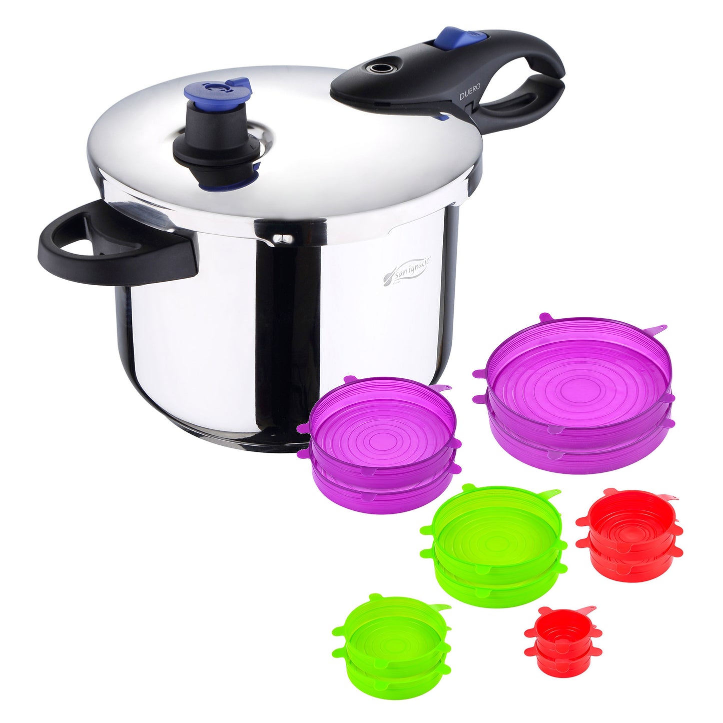 Olla A Presión Ø22cm 5,5l En Acero Inox + Set De 12 Tapas Silicona San Ignacio_0