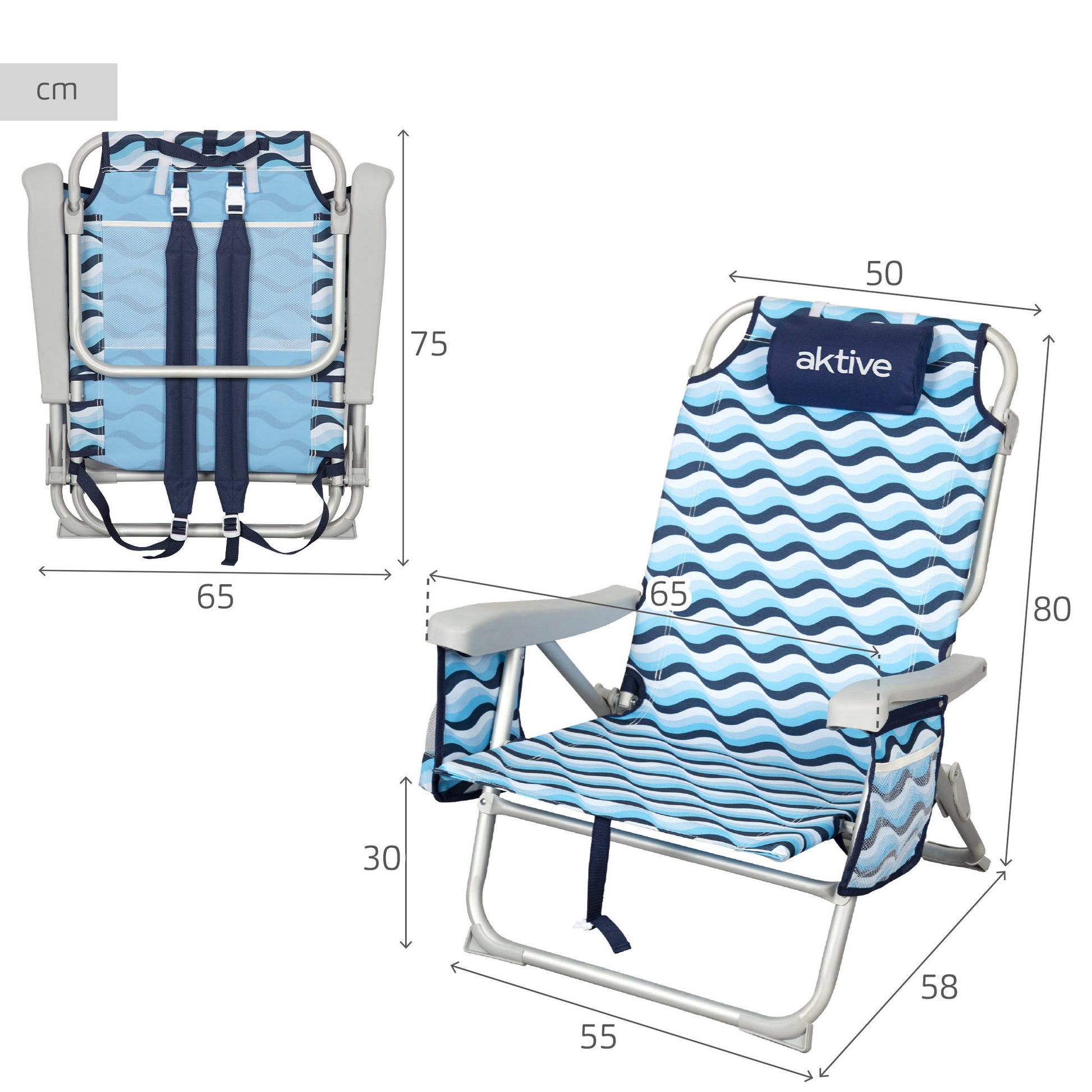 Aktive Pack 2 Sillas Plegables Playa 50x58x80 Cm Aruba 5 Posiciones Con Cojín Y Bolsillo Trasero_3