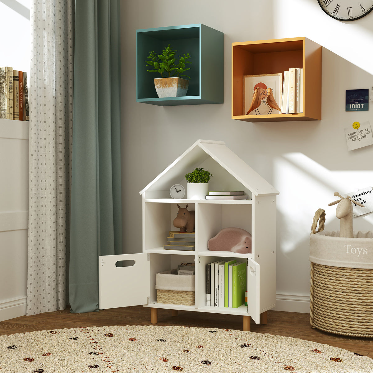 Aiyaplay Librería Infantil 3 Niveles Forma Casa Con 3 Estantes 2 Armarios Blanco_1