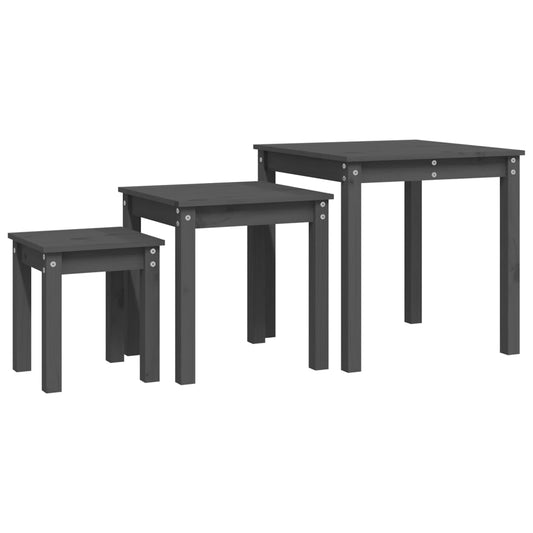 Mesas Apilables 3 Piezas Madera Maciza De Pino Gris_0
