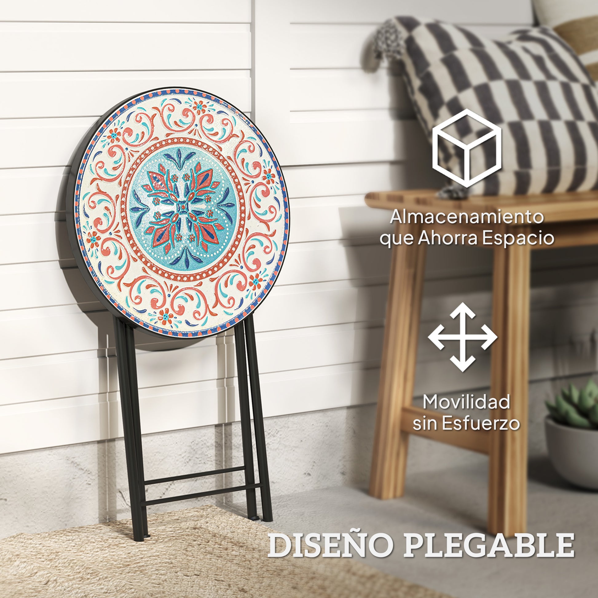 Outsunny Mesa Auxiliar Redonda Plegable Con Encimera De Mosaico Multicolor_4