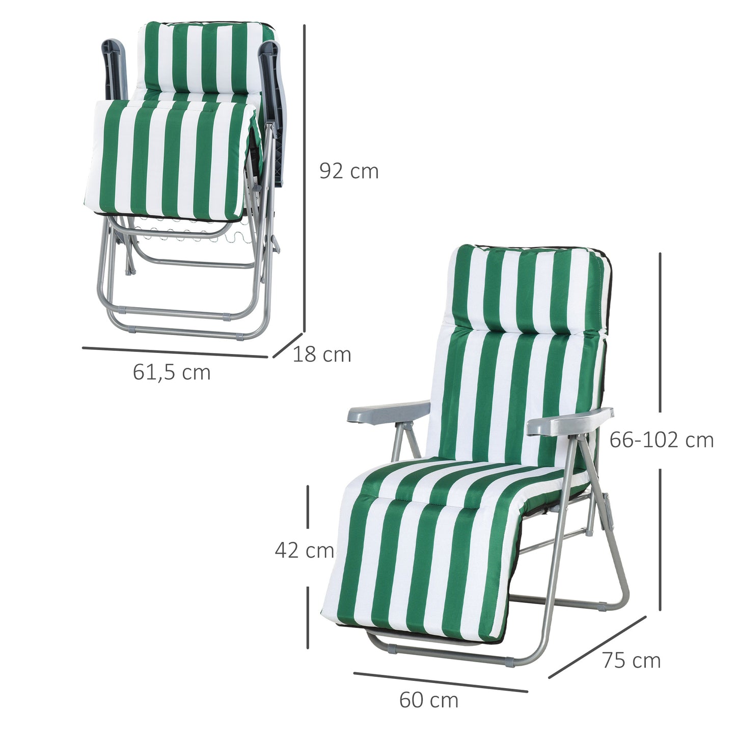 Outsunny 2 Tumbonas Plegables Con Respaldo Ajustable 60x75x66-102 Cm Rayas Verde_2